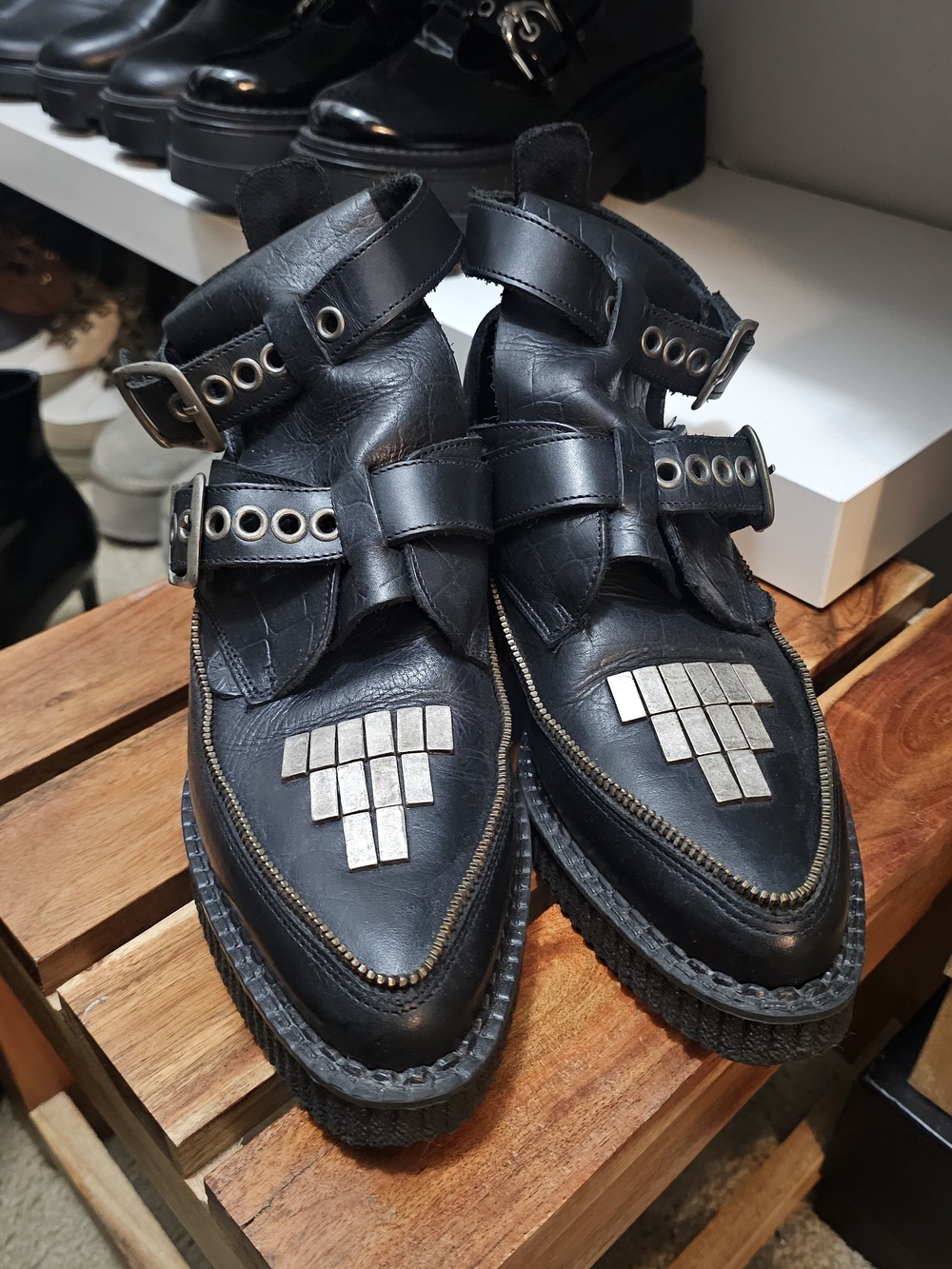 Underground England Black Studded Leather Buckle Creepers